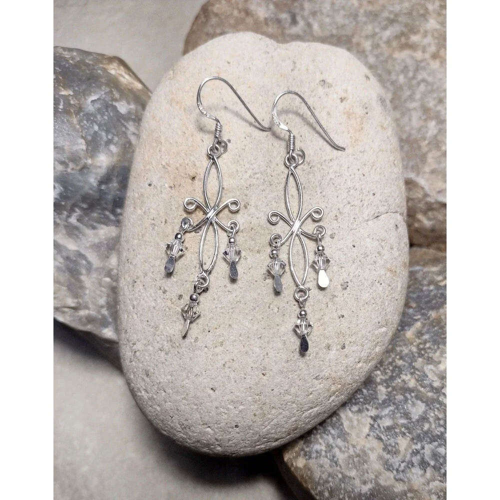 .925 Sterling Silver Crystal  Scroll Dangle Earrings